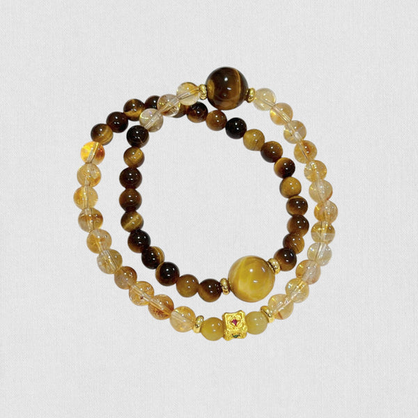Natural Yellow Citrine &amp; Tiger’s Eye Double Wrap Bracelet – Strength &amp; Prosperity