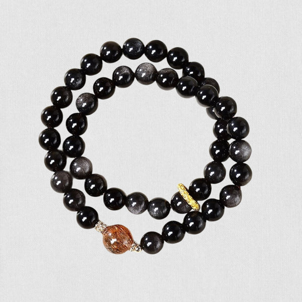 Natural Silver Obsidian Bracelet with Copper Rutile Quartz – Double-Strand Design