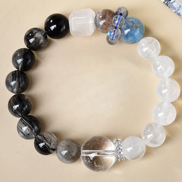 Natural Tourmalinated Quartz &amp; Aquamarine Bracelet – Balance of Light &amp; Shadow
