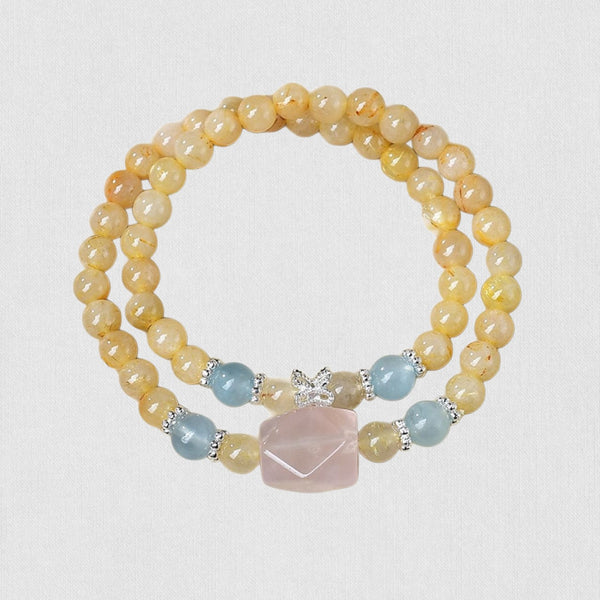 Natural Golden Rutilated Quartz Bracelet with Aquamarine &amp; Rose Quartz – Abundance and Serenity
