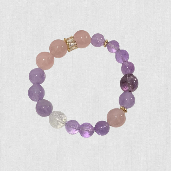Natural Rose Quartz & Amethyst Bracelet – “Nine Flames of Violet Fire”
