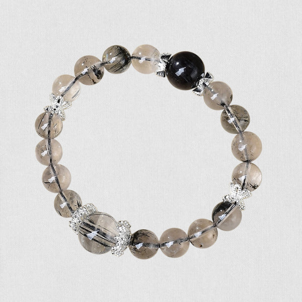 Natural Black Rutilated Quartz &amp; Silver Obsidian Bracelet – Strength &amp; Protection