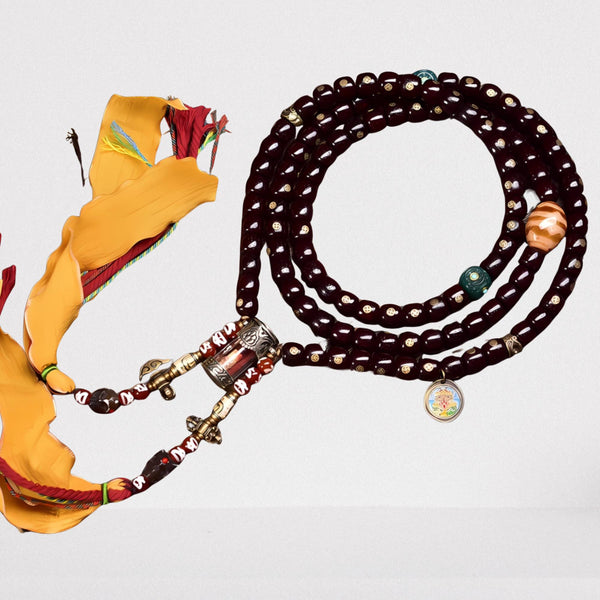 Cinnabar Blessed Bodhi Seeds Mala — Inlaid with Sacred Swastika Symbol