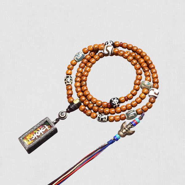 108 Beads — Antique Hainan Yuanbao Bodhi Seeds (Star-Moon Mala, Multi-Dzi Inlay)