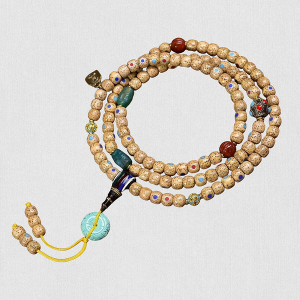 108 Beads — Multi-Gem Inlaid Antique Hainan Yuanbao Bodhi Seeds (Star-Moon Mala)