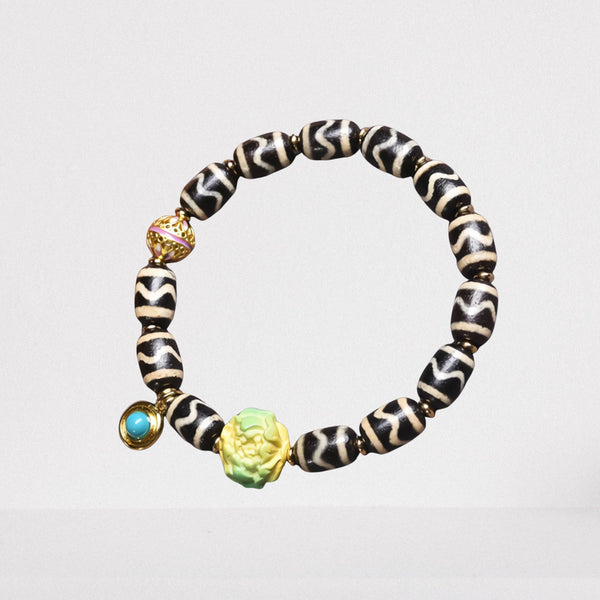 Water Wave Dzi Bead — Turquoise Lotus & Turquoise Spacer