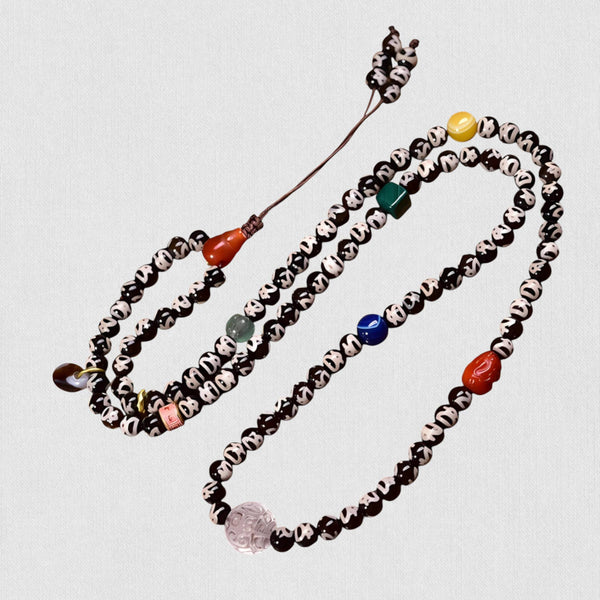 Natural Agate Wealth-God Dzi Necklace — Tibetan Buddhist Mala Style