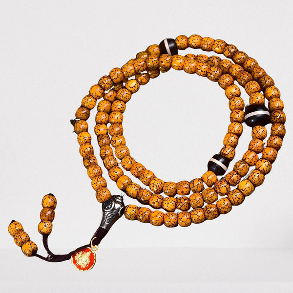 Old Seed Star-and-Moon Bodhi Mala — One-Line Dzi & Copper Guru Bead